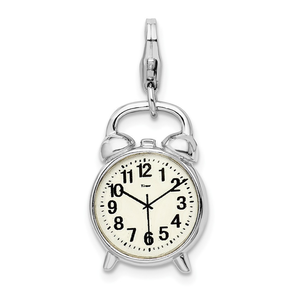 925 Sterling Silver Polished 3-D Alarm Clock Bracelet Charm Lobster Clasp